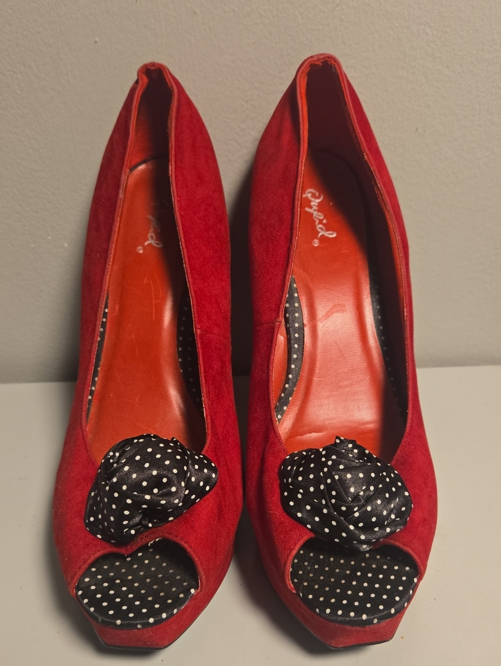 Qupid Red Suede Peep-Toe Heels with Black Polka Dot Rosette